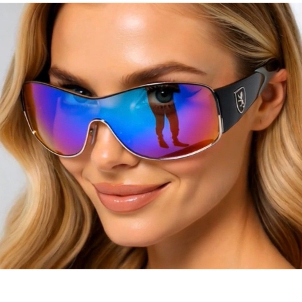 Khan‎ Shield Sunglasses Black Iridescent Mirror Lens Sporty Wrap KN-M3734 - Picture 8 of 11